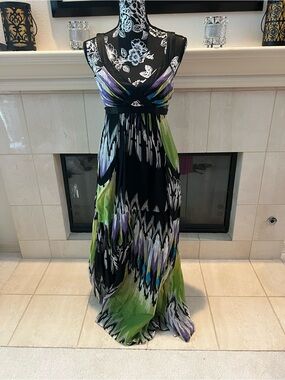 Vintage Bebe Sleeveless V-Neck Black Maxi Dress with Green & Purple Print